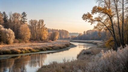 Aufkleber - Serene River Winding Through a Forest at Dawn, with Golden Leaves and Frost on the Grass