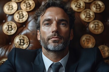 Poster - Conceptual photo of a professional man with Bitcoin tokens and dollar signs in motion around him, emphasizing innovation.