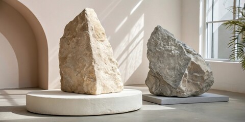 Fototapete - Two large, rough, natural stone boulders rest on minimalist platforms in a modern gallery setting.