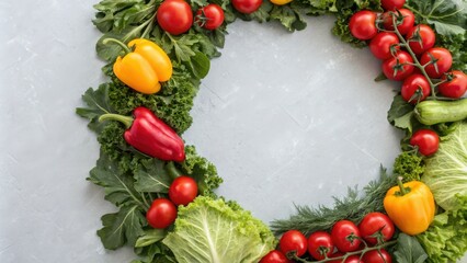 Poster - A Fresh and Vibrant Arrangement of Colorful Vegetables Forming a Circular Frame on a Neutral Gray Background