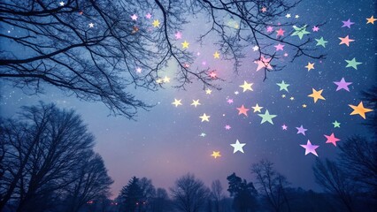 Poster - A Silhouetted Forest Under a Night Sky with Bright Colorful Stars, Creating a Magical Atmosphere