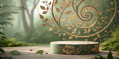 Poster - A circular pedestal adorned with intricate gold leaf details stands amidst a lush green forest, illuminated by a soft, ethereal light.