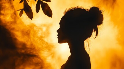 Wall Mural - Woman's silhouette, amber background, leaves' shadows.