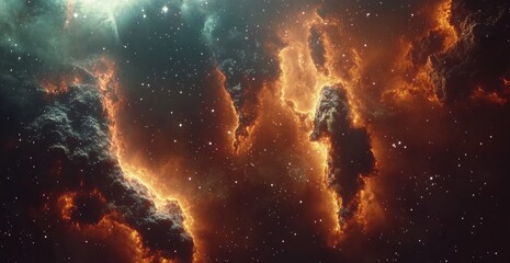 Wall Mural -  Goldener kosmischer Nebel mit funkelnden Sternen,  Golden cosmic nebula with twinkling stars