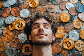 Poster - Contemporary business concept with a man and Bitcoin tokens forming a digital-inspired background.