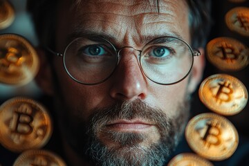 Poster - Creative financial imagery with a man in focus and Bitcoin tokens in motion, emphasizing modern digital wealth.