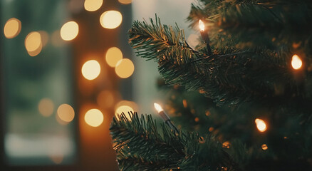 Poster - Warm holiday atmosphere created by glowing lights and a decorated evergreen tree indoors