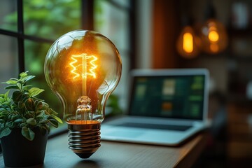 Poster - Creative tech startup design with a light bulb and laptop, emphasizing modern business ideas.