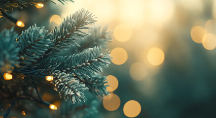 Poster - Close-up of frosted pine branches adorned with glowing lights in an enchanting winter setting during the holiday season