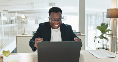 Aufkleber - Happy, success and man with laptop, office and celebration for feedback, publicist and notification. Alert, excited and joy for achievement, yes and email for black person, promotion and smile