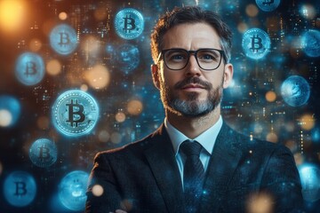 Aufkleber - Cryptocurrency innovation with a professional man and dynamic Bitcoin tokens glowing in the background.