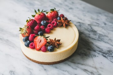 Wall Mural - a cheesecake decorated with fresh fruit berries, including strawberries and raspberries, and star anise