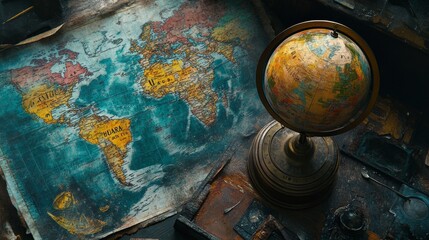 antique globe on wooden table with vintage world map background