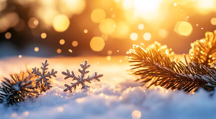 Aufkleber - Glittering snowflakes sparkle in sunlight among pine branches during a winter afternoon