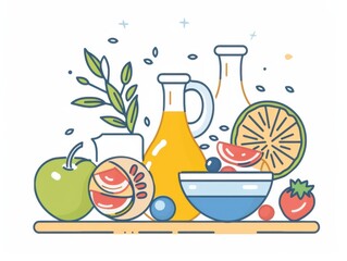 Poster - A minimalist depiction of a Mediterranean diet breakfast. featuring whole grains, fruits, and olive oil. promoting heart health and balanced eating. Ideal for breakfast guides