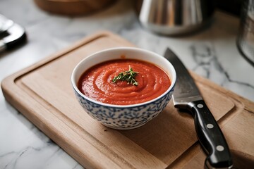 Wall Mural - a wooden cutting board with a bowl of tomato sauce