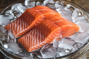 Wall Mural - A close-up shot of fresh, raw salmon fillets on ice