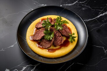 Wall Mural - A dark marble surface with a plate of polenta topped with fried beef.