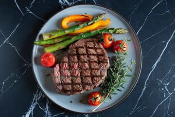 Wall Mural - a grilled steak and vegetables on a plate with fresh herbs