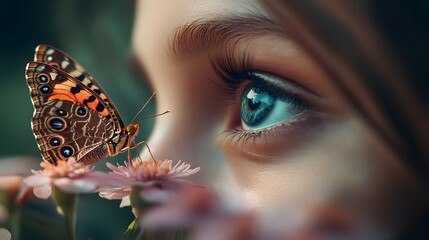 Aufkleber - Close-Up of a Butterfly Resting on a Flower Petal Near a Young Girl's Dreamy Eye in a Serene Natural Setting, Capturing the Beauty of Nature and Innocence