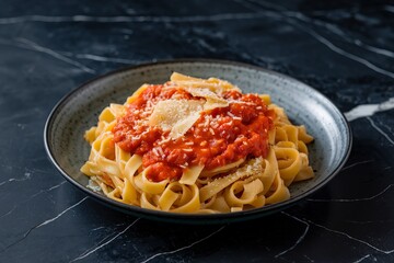 Wall Mural - A photo of a plate of pasta tagliatelle with a tomato sauce and parmesan cheese