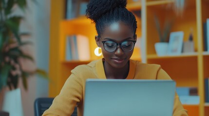 Poster - happy black businesswoman using laptop typing and working online while sitting at workplace in offic
