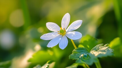 Aufkleber - Delicate White Flower Blooming in Sunlight Surrounded by Lush Green Foliage with Dewdrops Glimmering in the Morning Light, Nature's Beauty Captured in a Serene Setting