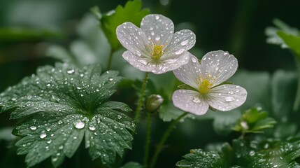 Aufkleber - Delicate White Flowers with Raindrops on Green Leaves Capturing the Beauty of Nature’s Freshness and Serenity in a Close-Up View
