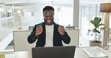Aufkleber - Celebration, success and man with laptop, office and happy for feedback, publicist and notification. Alert, excited and joy for achievement, yes and email for black person, promotion and smile