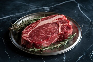 Wall Mural - raw beef on a butcher's plate with rosemary