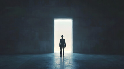 Poster - Businessman gazing at bright light from an open door in a dimly lit concrete room