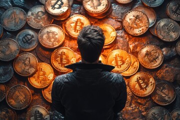Poster - Dynamic composition of a man surrounded by Bitcoin tokens, symbolizing innovation in digital currency.