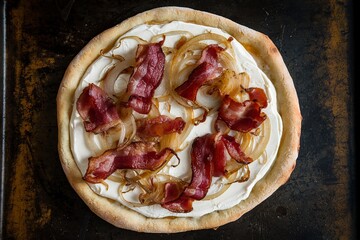 Wall Mural - A photo of a tarte flambee with cream cheese, bacon, and onions