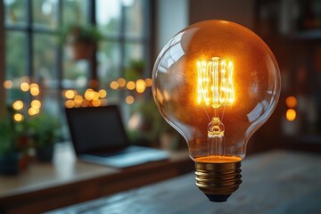 Poster - Dynamic floating bulb and laptop design, showcasing business ideas and tech-driven creativity in a minimalist style.