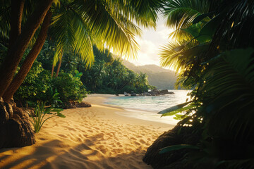 Wall Mural - A serene tropical beach scene surrounded by lush greenery and gentle waves.