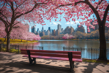 Poster - A serene view of a park with cherry blossoms and a city skyline reflected in a lake.