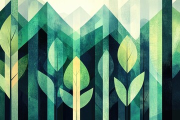 Wall Mural - Abstract Green Landscape With Stylized Trees