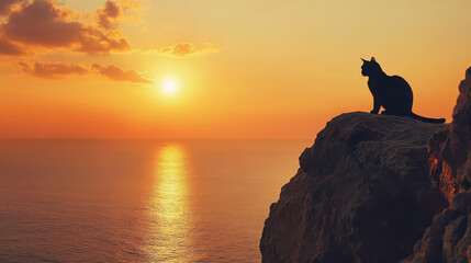 Poster - A silhouette of a cat against a vibrant sunset over the ocean.