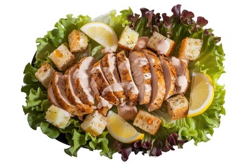 Wall Mural - A delectable dish of grilled chicken slices served on a bed of fresh green lettuce