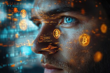 Poster - Dynamic image of a man in focus, with Bitcoin tokens and abstract dollar symbols creating a futuristic background.