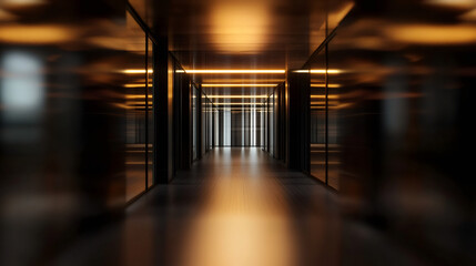 Poster - Sophisticated and futuristic atmosphere in an empty modern office corridor with dark glass walls and warm lighting