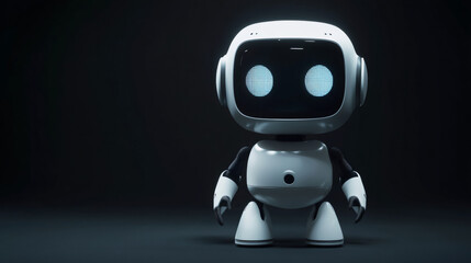 Aufkleber - Cute white robot standing in a dark room, glowing eyes looking forward, futuristic artificial intelligence concept