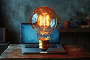 Aufkleber - Dynamic photo of a glowing bulb floating over a laptop, ideal for tech-inspired advertising.