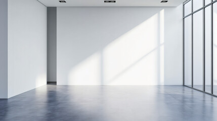 Poster - Empty modern room with white walls and polished concrete floor bathed in sunlight from large window