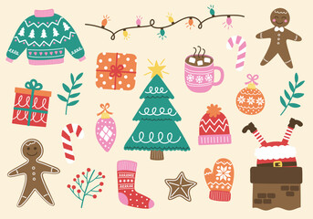 Wall Mural - colourful christmas element set. festive tree, ball, present, sock, cookie, cup, hat, sweater, glove