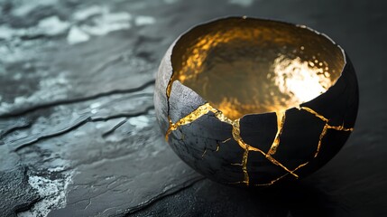 Poster - Artistic representation of a cracked bowl with a metallic golden interior on a textured surface, showcasing contemporary design and elegance in decor