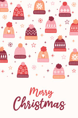 Wall Mural - christmas poster with decorations in cartoon style. greeting card with hand drawn winter hats. vecto