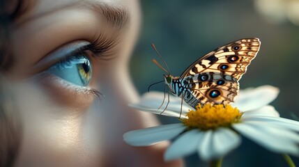 Aufkleber - Captivating Close-up of a Child's Eye Observing a Colorful Butterfly Resting on a White Daisy Petal, Evoking a Sense of Wonder and Nature's Beauty