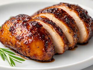 Wall Mural - a white plate topped with sliced chicken on top of a table