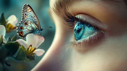Poster - Close-Up of a Butterfly Perched on a Flower Near a Serene Eye, Capturing the Beauty of Nature and Human Connection in a Dreamy Soft Focus Environment